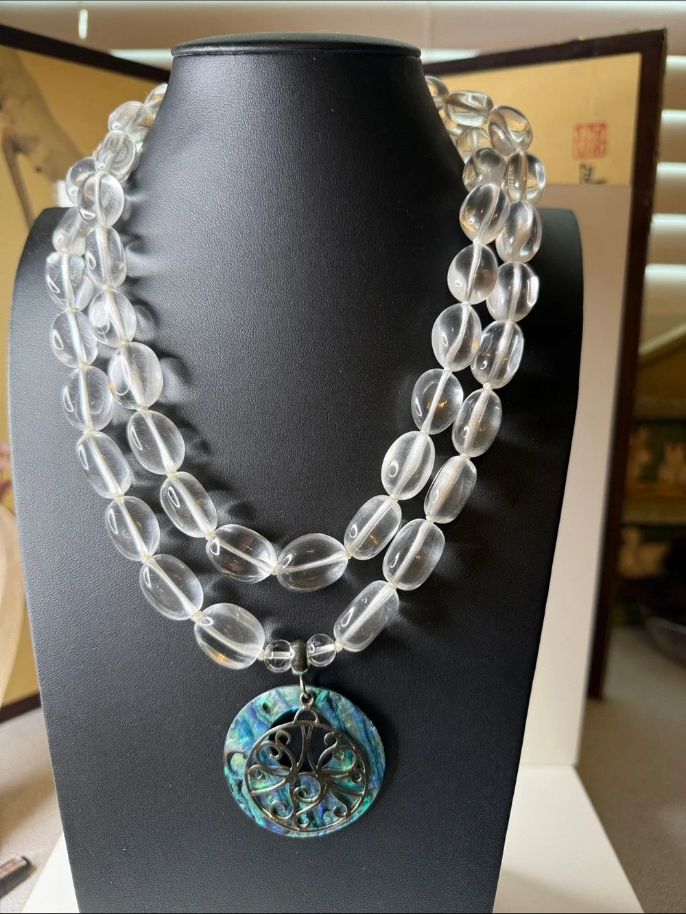 Sterling silver 925 artisan Clear Glass Bead Necklace Abalone Pendant runway